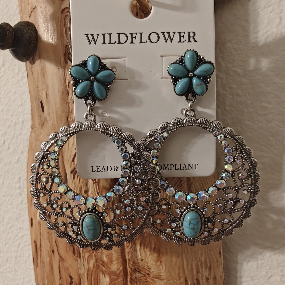 Wildflowers Turquoise and Silver Hoop Earrings